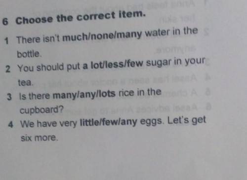 6 Choose the correct item. 1 There isn't much/none/many water in thebottle.2 You should put a lot/le