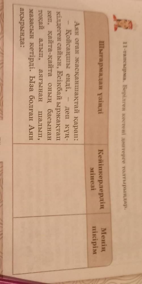 11-тапсырма. Берілген кестені дәптерге толтырыңдар. шығармадан үзіндіКейіпкерлердіңмінезіМеніңпікірі