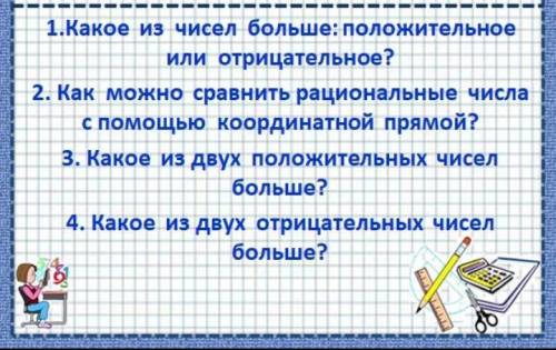 Повторим: 1. Какое из чисел больше: положительноеили отрицательное?2. Как можно сравнить рациональны