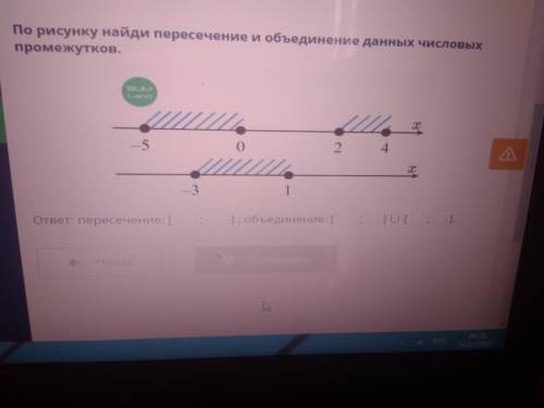 По рисунку найди пересечение и объединение данных числовых промежутков. -5 4 1 ответ, пересечение: [