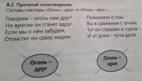 В.2. Прочитай стихотворение.Составь кластеры «Огонь - друг» и «Огонь – враг». ​