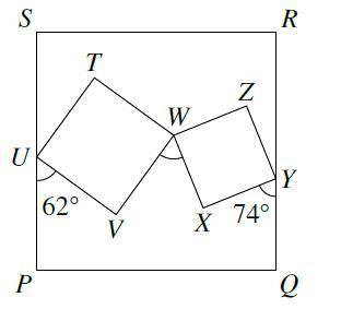 На схеме изображены три квадрата,PQRS,ТUVW и WXYZ .Углы PUV и QYX находятся 62∘и74∘соответственно. Н
