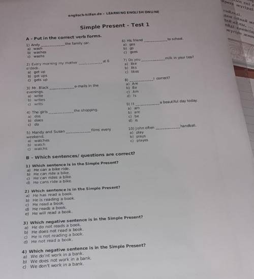 A - Put in the correct verb forms. the family car. to school. 6) His friend a) gos b) go L) goes 1)