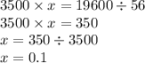 3500 \times x = 19600 \div 56 \\ 3500 \times x = 350 \: \: \: \: \: \: \: \: \: \: \: \: \: \\ x = 350 \div 3500 \: \: \: \: \: \: \: \: \: \: \: \: \: \\ x = 0.1 \: \: \: \: \: \: \: \: \: \: \: \: \: \: \: \: \: \: \: \: \: \: \: \: \: \: \: