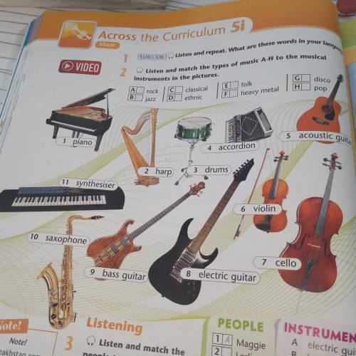 Listen and match types of music A-H to the musical instruments in the pictures