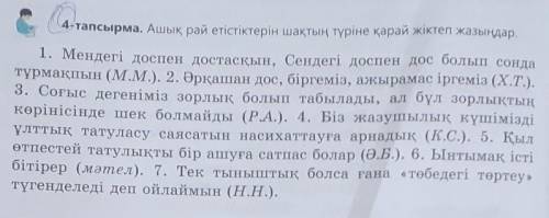 4-тапсырма. Ашық рай етістіктерін шақтың түріне қарай жіктеп жазыңдар. 1. Мендегі доспен достасқын,