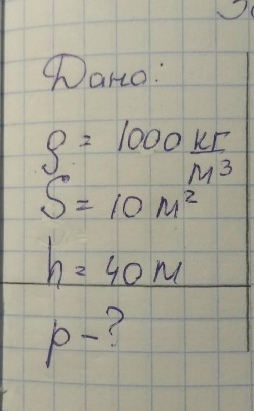 Решите задачу по физике условие:ро = 1000 кг/м3³S = 10 м²h = 40 мнайти давление (п)​