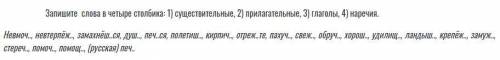 Задание 3. Запишите слова в четыре столбика: 1) существительные, 2) прилагательные, 3) глаголы, 4) н