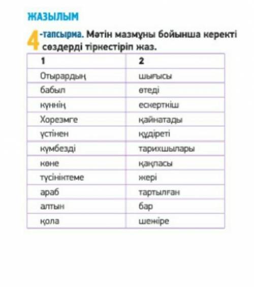 Тапсырма . Мәтін мазмұны бойынша керекті сөздерді тіркестіріп жаз задание на картинке текст:Отырарды