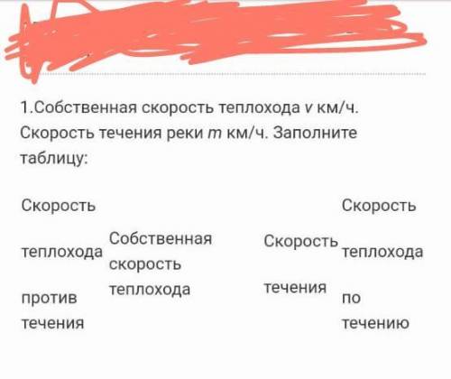 1.Собственная скорость теплохода у км/ч. Скорость течения реки т км/ч. Заполнитетаблицу: дам 15Б​