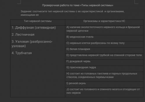 Соотнесите тип нервной системы с ее характеристикой и организмами, имеющими ее тип нервной системы О