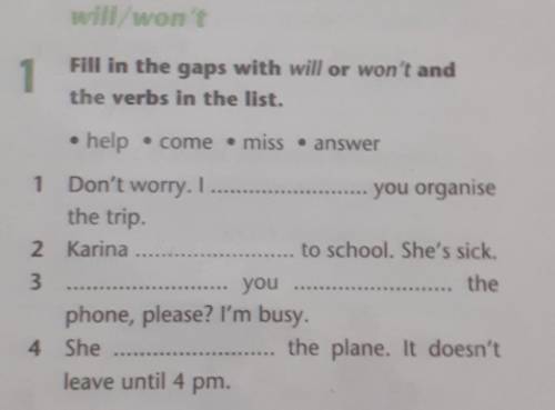 Fill in the gaps with will or won't and the verbs in the list.• help • come miss • answer1 Don't wor