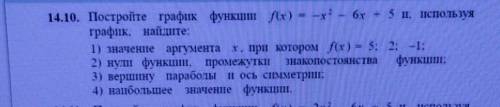 Постройте график функции f(x)= -x²-6x+5 и, используя график, найдите: 1) значение аргумента x, при к