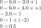 0 = 6.0 - 3.0 + 1 \\ 0 - 6.0 - 3.0 \times + 1 \\ - 2.0 = 1 \\ 0 = 1 \div ( - 2) \\ 0 = 0.5