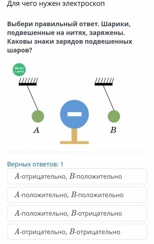 Для чего нужен электроскоп Всë на фотоВерных ответов: 1A-отрицательно, B-положительноA-положительно,