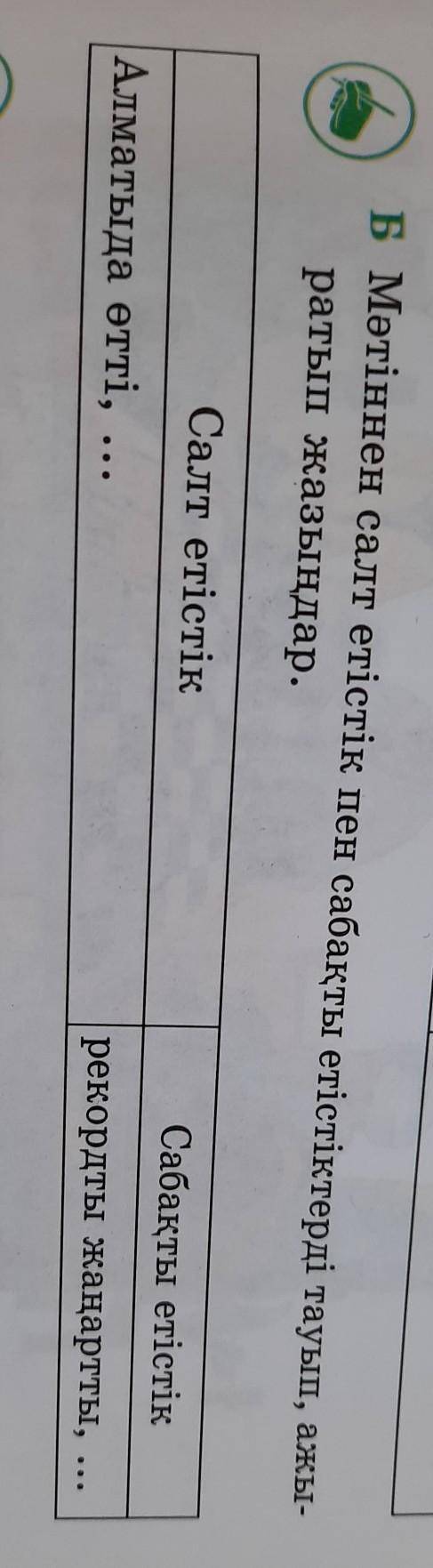 Б Мәтіннен салт етістік пен сабақты етістіктерді тауып, ажы- ратып жазыңдар.Салт етістікСабақты етіс