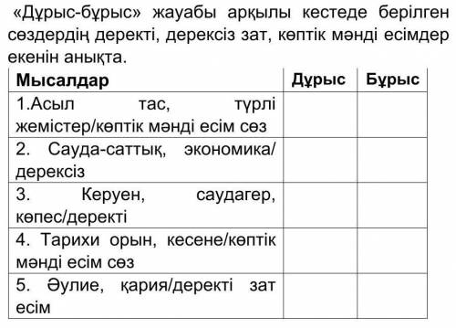 «Дұрыс-бұрыс» жауабы арқылы кестеде берілген сөздердің деректі, дерексіз зат, көптік мәнді есімдер е