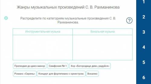 Распределите по категориям музыкальные произведения С. В. Рахманинова.