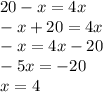 20 - x = 4x \\ - x + 20 = 4x \\ - x = 4x - 20 \\ - 5x = - 20 \\ x = 4