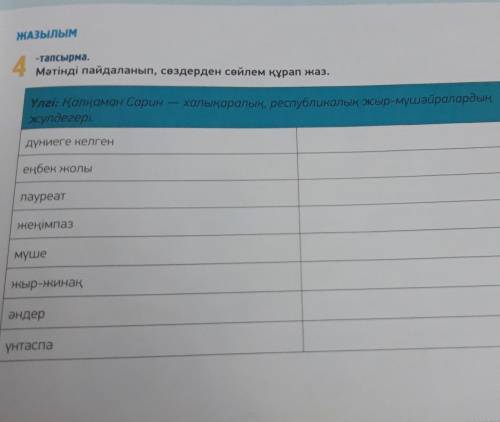 4-тапсырма Мәтінді пайдаланып, сөздерден сөйлем құрап жаз