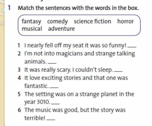 Match the sentences with the words in the box. fantasy comedy sciencefiction horror musical adventur