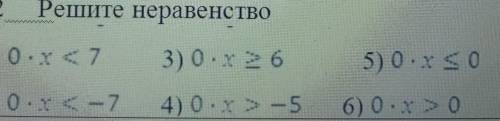 Решите неравенство 1) 0× x<7 2)0×x<-73)0×х>64)0×х>-55)0×х<06)0×х>0 ​