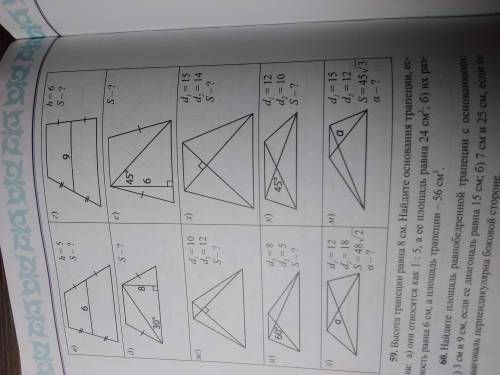 Найдите площадь трапеции и ее неизвестные элементы (решить только вариант г) и к)