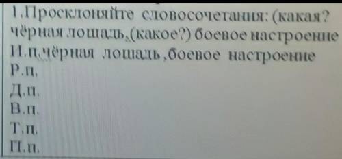 1.Просклоняйте словосочетания: (какая? чёрная лошадь (какое?) боевое настроенне И.п. чёрная лошадь б