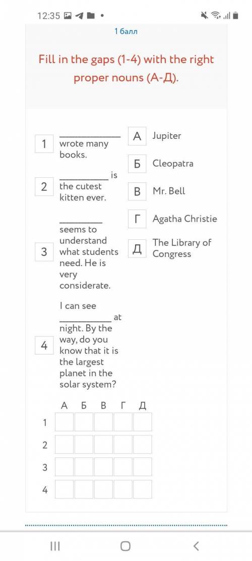 Fill in the gaps (1-4) with the right proper nouns (A-Д).