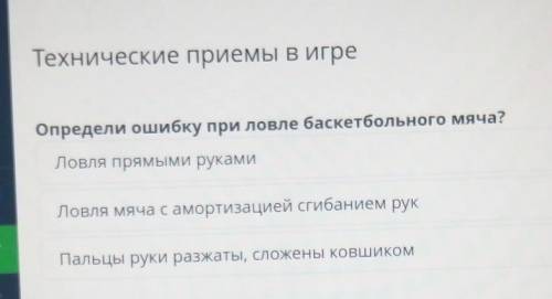 Технические приемы в игре Определи ошибку при ловле баскетбольного мяча?Ловля прямыми рукамиЛовля мя