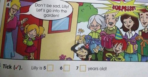 Don't be sad, Lilly! Let's go into thegarden!SURPRISES4 Tick (/).Lilly is 5607years old!​