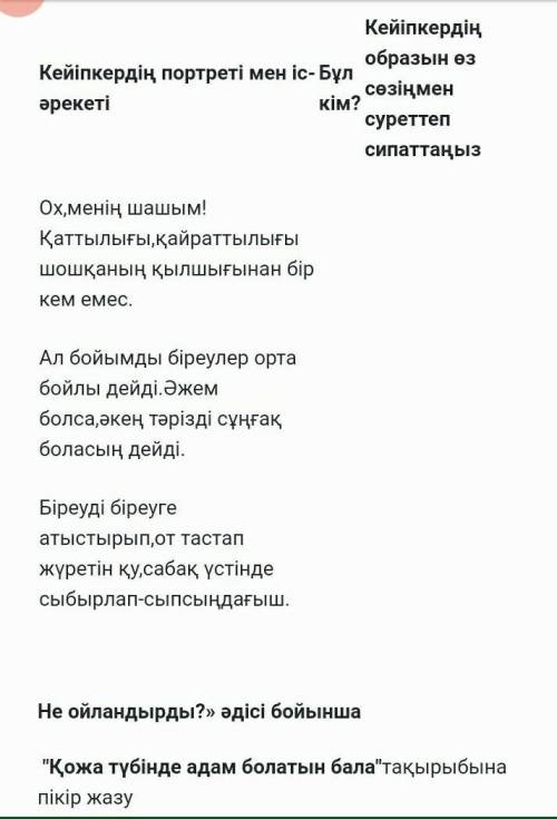 «Ой қозғау» әдісі бойынша сұрақтарға жауап жазыңыздар - Қожа қандай бала?- Неліктен оны түбі а де