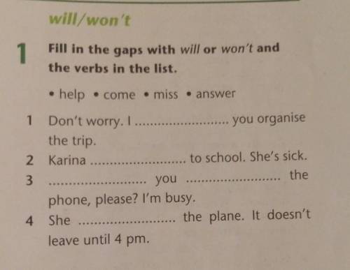 Fill in the gaps with will or won't andthe verbs in the list.you organise• help • come • miss • answ