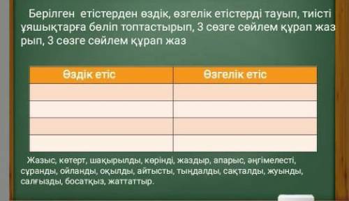 Берілген етістіктерден өздік, өзгелік етістіктерді тауып, тиісті ұяшықтарға бөліп топтастырып, 3сөзг