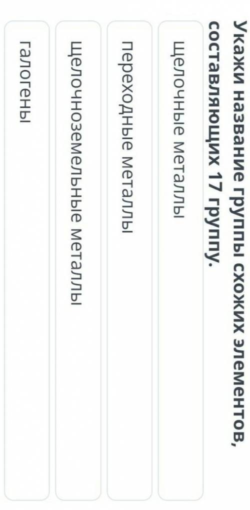 Структура периодической таблицы Укажи название группы схожих элементов, составляющих 17 группу.щелоч