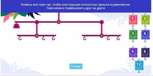 Развесь все гири так чтобы конструкция полностью пришла в равновесие б