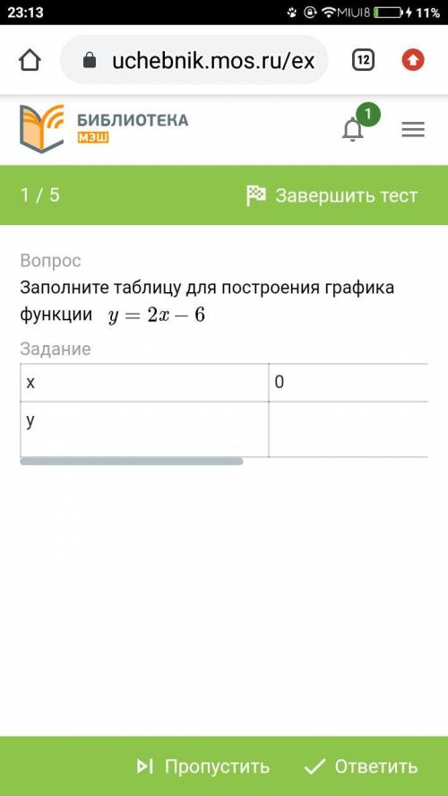 Заполните таблицу для построения графика функции y=2x−6