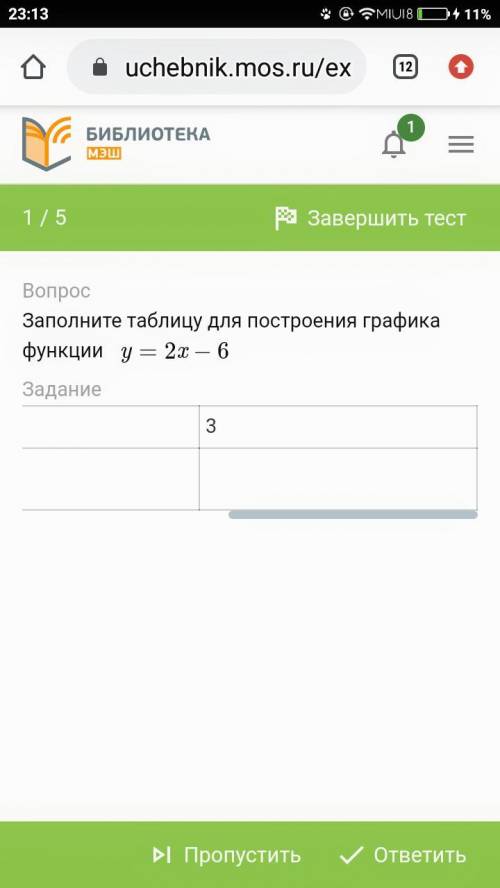 Заполните таблицу для построения графика функции y=2x−6