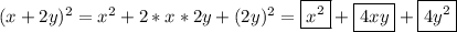 (x+2y)^{2}=x^{2}+2*x*2y+(2y)^{2}=\boxed{x^{2}}+\boxed{4xy}+\boxed{4y^{2}}