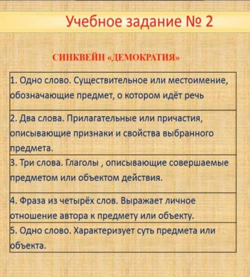 НУЖНО СИНКВЕЙН «ДЕМОКРАТИЯ»1. Одно слово. Существительное или местоимение, обозначающие предмет, о к