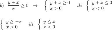 b)\ \ \dfrac{y+x}{x}\geq 0\ \ \to \ \ \ \left\{\begin{array}{l}y+x\geq 0\\x0\end{array}\right\ \ ili\ \ \left\{\begin{array}{l}y+x\leq 0\\x0\end{array}\right\ \ ili\ \ \left\{\begin{array}{l}y\leq x\\x