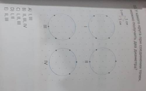 У кого круга при соеденение точек,можно получить два диаметра? А)I,IIIB)II,III,IVC)I,II,IIID)I,IIE)I