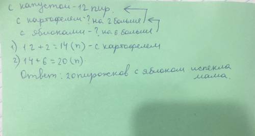 Мама испекла 12 пирожков с капустой, с кортофелем на 2 больше, чем с капустой, а с яблоками на 6 бол