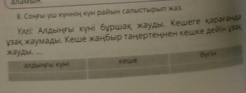 8. Соңғы үш күннің күн райын салыстырып жаз. Үлгі: Алдыңғы күні бұршақ жауды. Кешеге қарағандаұзақ ж