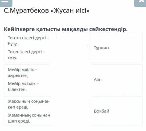 C. Мұратбеков «Жусан иісі» Кейіпкерге қатысты мақалды сәйкестендір.Тентектің есі-дерті -бұзу,Текенің