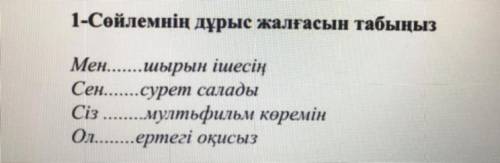 1 тапсырма Сөйлемнің дұрыс жалғасын табыңыз. Меншырын ішесің. Сенсурет салалы. Сізмультфильм көремін