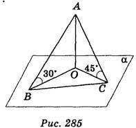 З точки А проведено дві похилі АВ та АС, що утворюють з площиною α кути 30° та 45° відповідно. Знайт