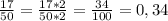 \frac{17}{50}=\frac{17*2}{50*2} =\frac{34}{100}=0,34