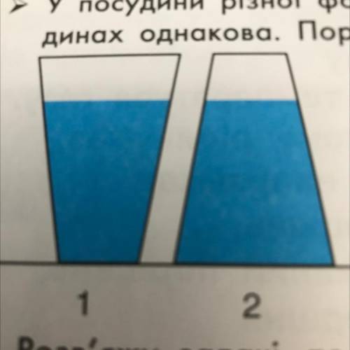 У посудини різної форми налили однакову рідину. Висота стовпів рідини в посудинах однакова. Порівняй