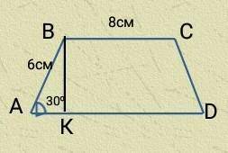 Дано :ABCD- трапеция AD=12см; BC=8см, AB=6см, <А=30° Найти= S​